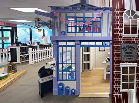 Umi Zoomi's Veterinarian Hospital, a lavender and blue two-story playhouse with a bone-shaped sign and a mailbox out front